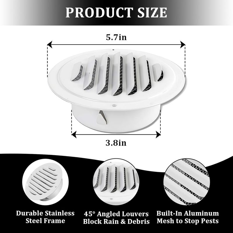 smrtcol 4" Round Soffit Vents White Stainless Steel Soffit Vents Wall/Ceiling Vent Cover with Mesh Screen for Bathroom, Dryer, & Attic（4 Pack) - Image 2